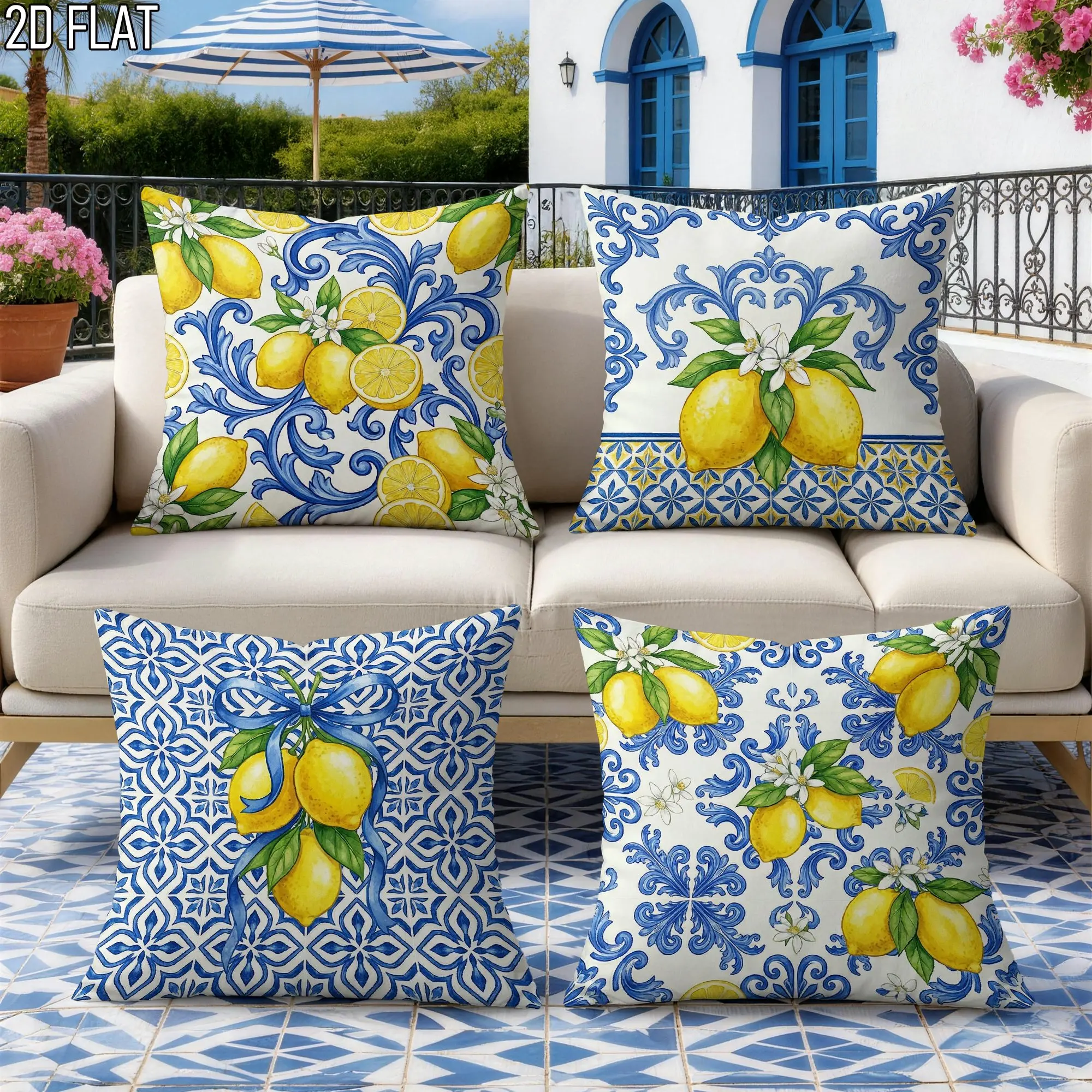 4Pcs Italian Summer Style Throw Pillow Covers with Multi-pattern Blue Ceramic Tile Lemon Fruit Pattern Cushion Cases for Study