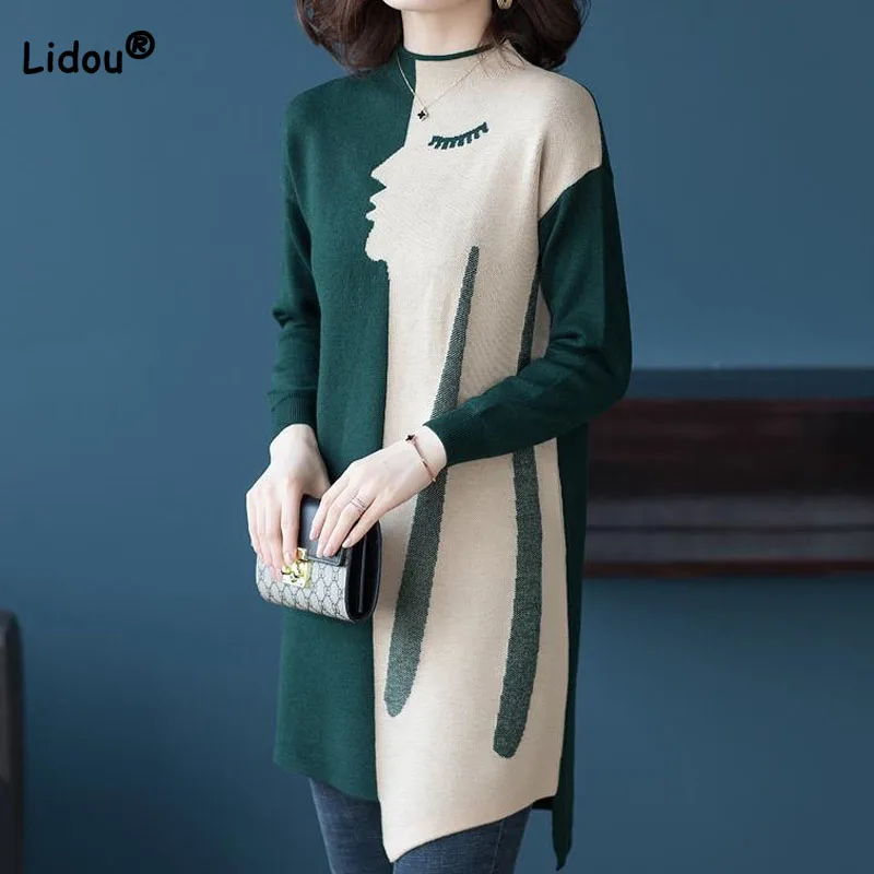 Elegant Fashion Spliced Women\'s Midi Sweaters Autumn Winter Korean Loose Half High Collar Irregular Knitted Tops Female Clothing