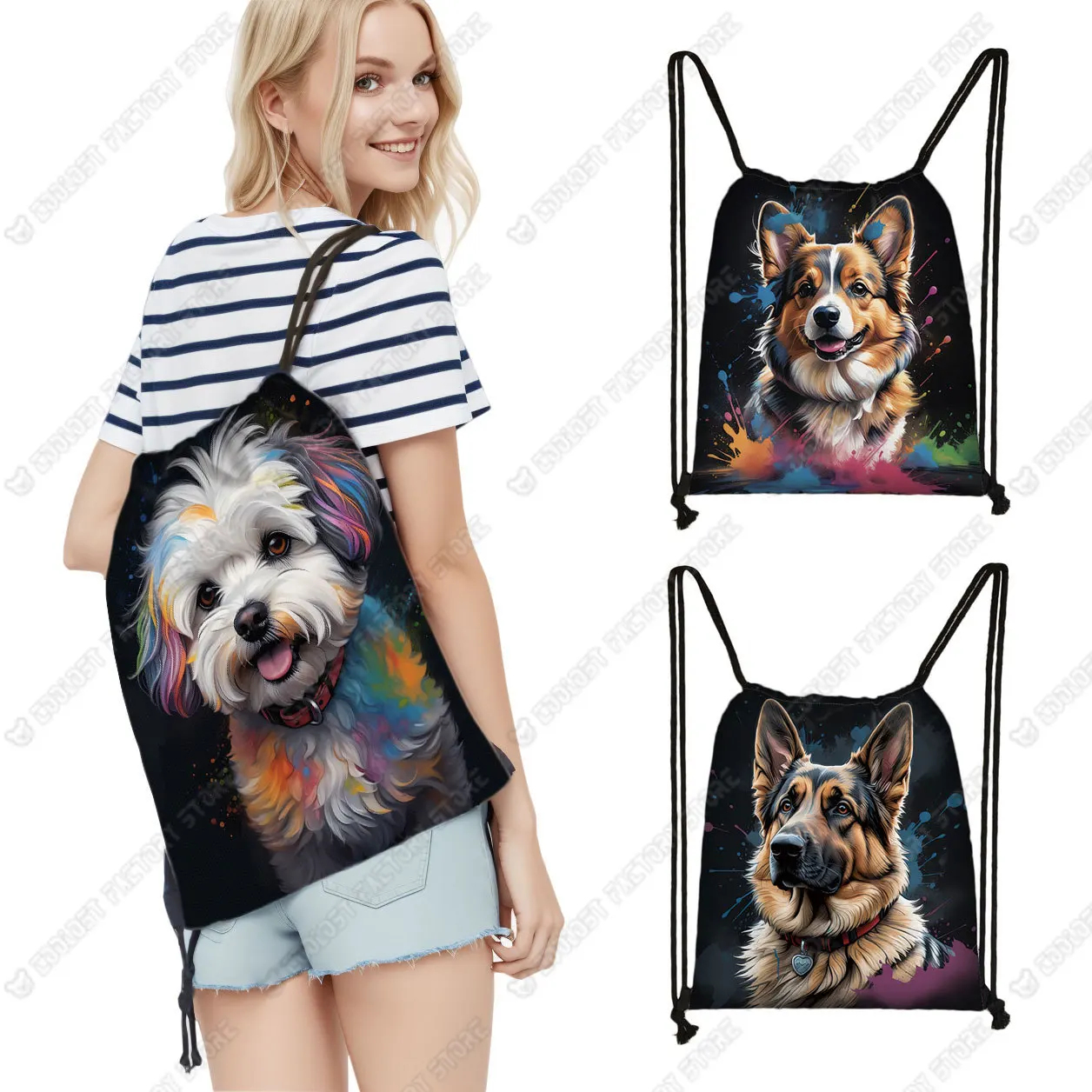 Watercolor Painting Dog Drawstring Bag German Shepherd Backpack Shih Tzu Shoes Storage Pug Dog Bags Bookbag Shoes Holder