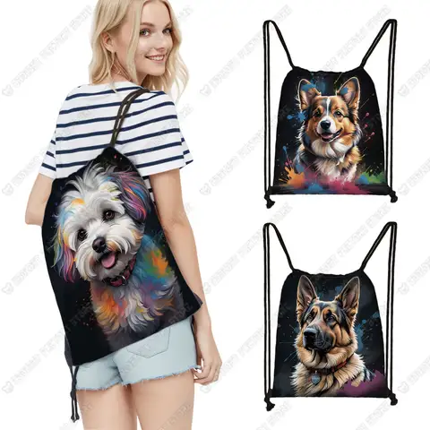 Watercolor Painting Dog Drawstring Bag German Shepherd Backpack Shih Tzu Shoes Storage Pug Dog Bags Bookbag Shoes Holder