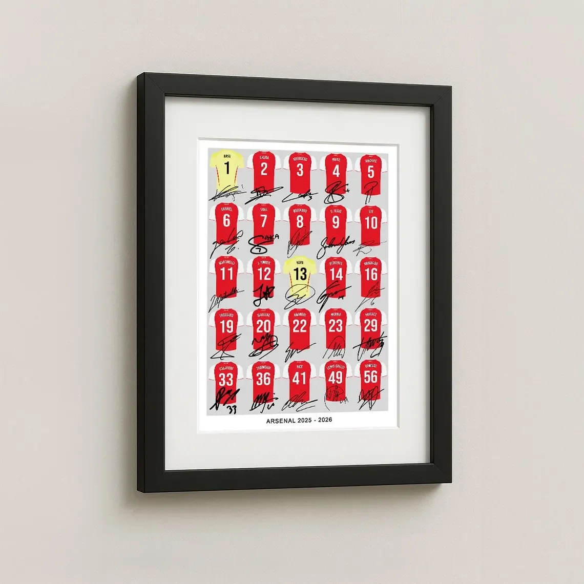Arsenal 2025-2026 Team Squad Wall Print Decor - Framed Collage Featuring Player Jerseys (Saka, Ødegaard, Saliba, Etc.) with FACS