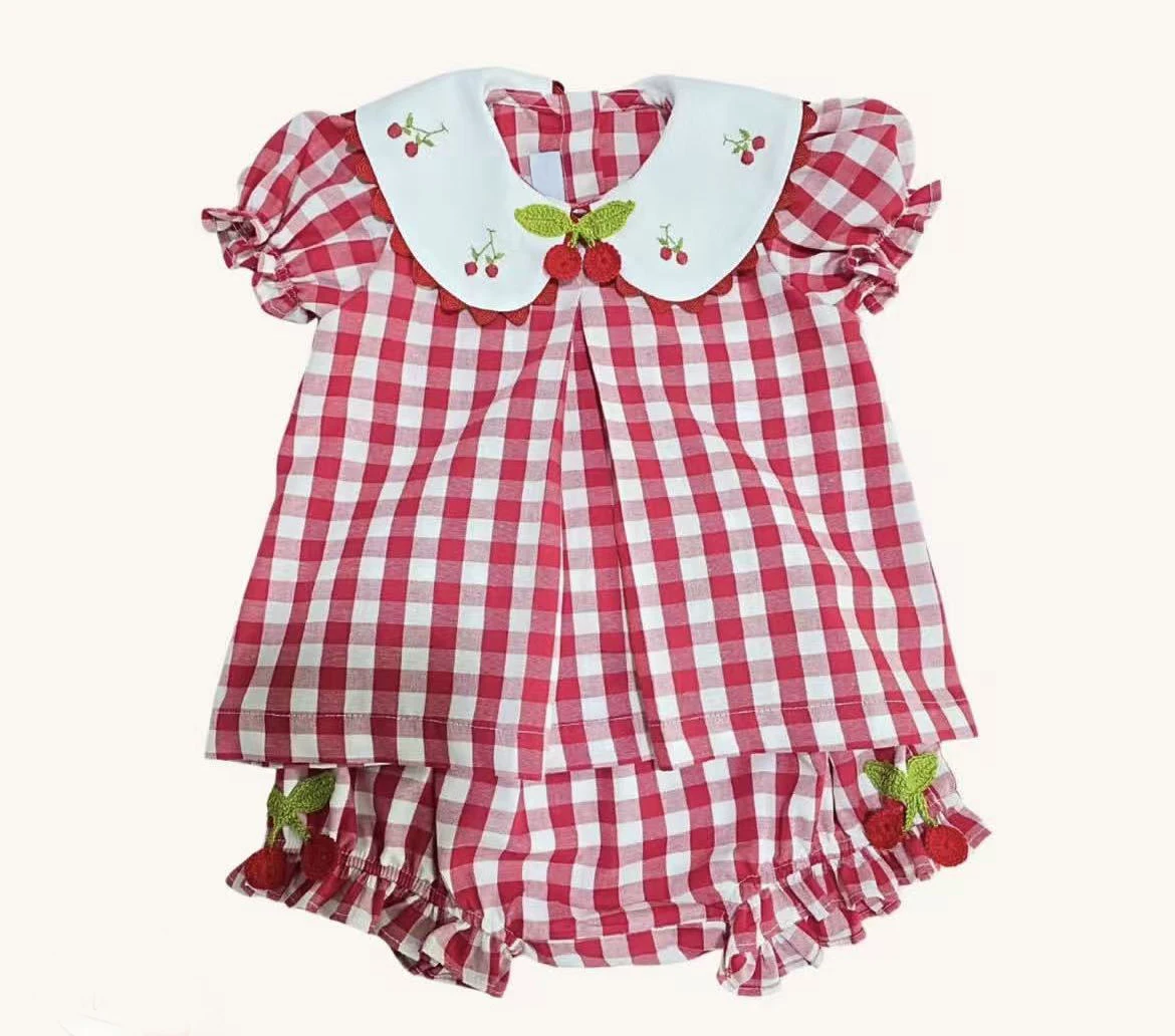Baby Girl Summer Red Green Plaid 2Pcs Outfit Cherry Emboidery Dress for Birthday Party Photography Casual B691