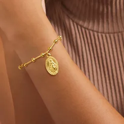 Rosary Bracelet Gold Plated Stainless Steel Religious Cross And Virgin Mary Prayer Bracelets Jewelrygifts  For Women Girls