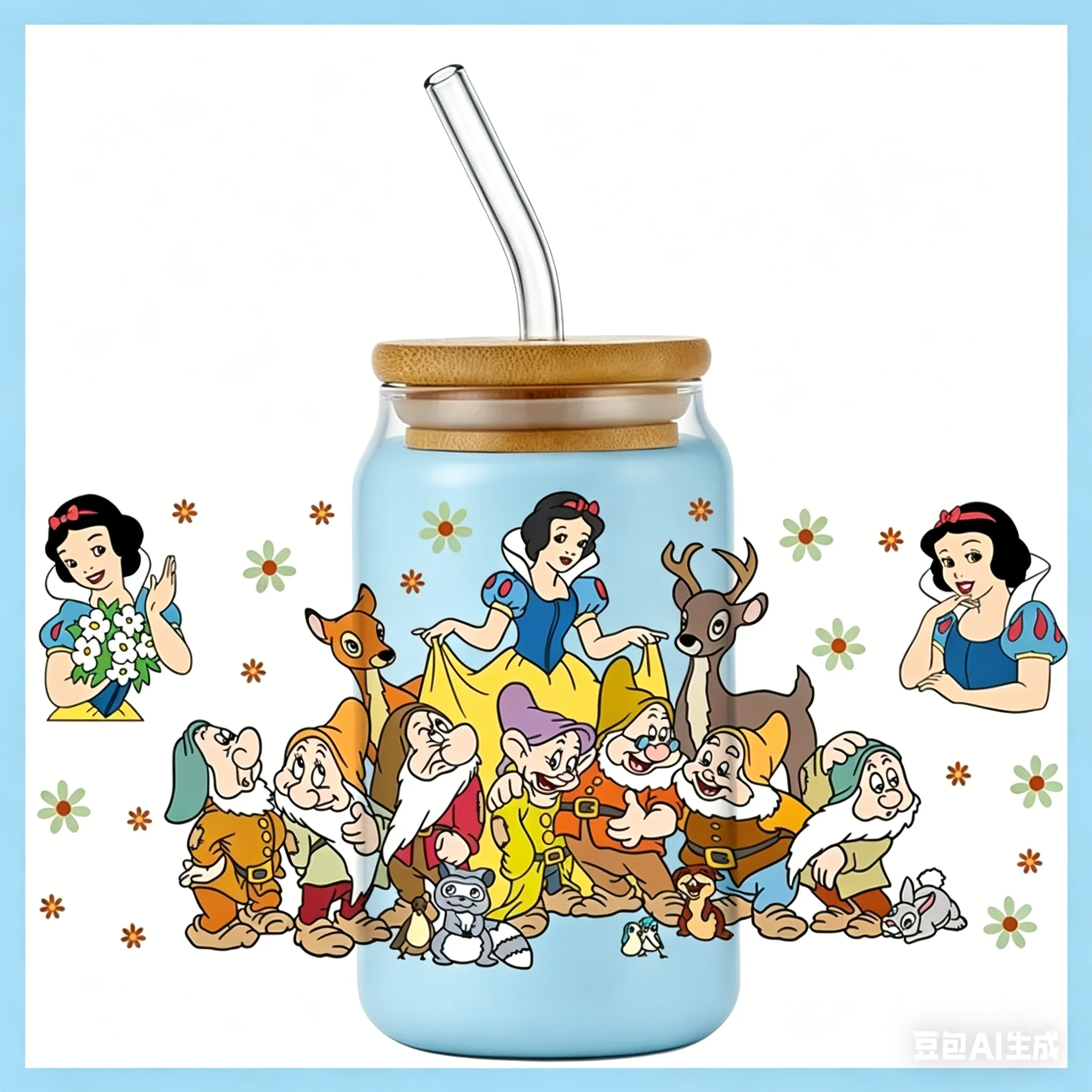 Populares calcomanías DIY de Blancanieves, fáciles de despegar, impermeables, transferencias 3D, pegatinas de cristal, envolturas para vasos de 16 oz, resistentes a los rayos UV y DTF.