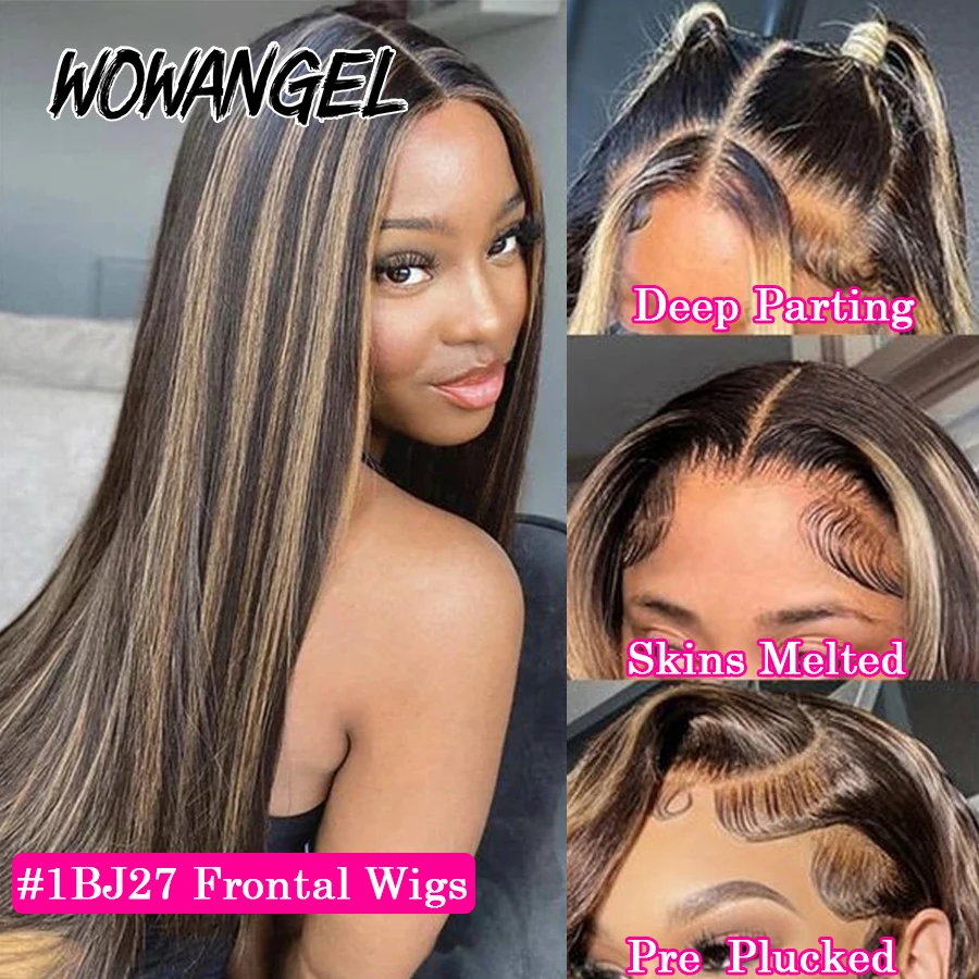 WowAngel 34in 13x6 HD Lace Full Frontal 1B27 Highlight Wig Straight 13x4 Lace Frontal Human Hair Wigs Pre Plucked Brazilian Hair