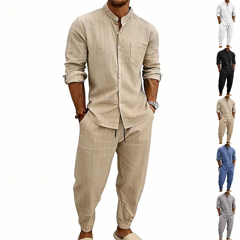 

Cross-border linen casual spring and summer men's loose jacquard striped stand-up collar long-sleeved shirt and trousers set