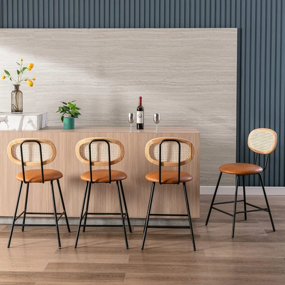 

Counter Stools Set of 4, Bar Stools, Indoor Metal Counter Height Barstools for Home, Faux Leather Counter Stool with Rattan Back