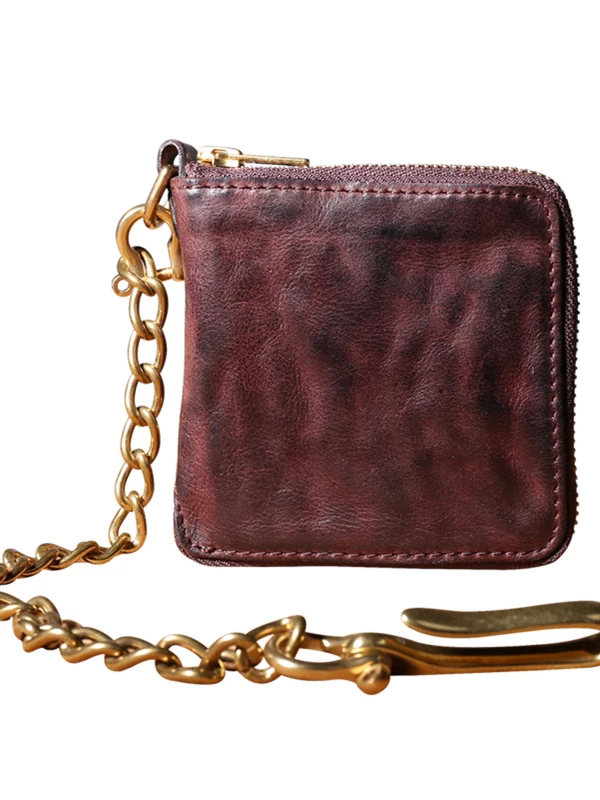 simple luxury handmade first layer cowhide men's women's zipper wallet fashion vintage genuine leather small chain coin purse