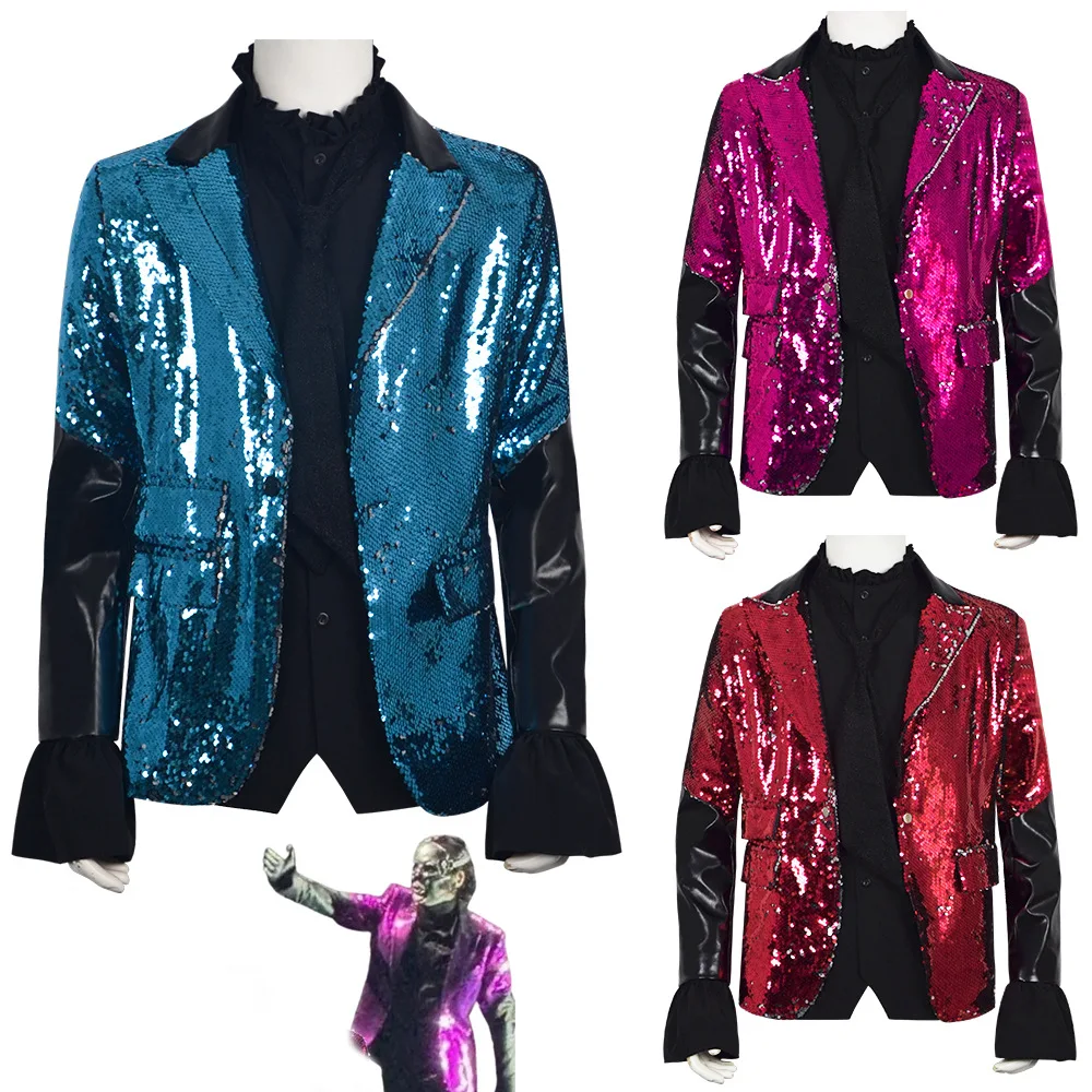 3pcs Adult Ghost Concert Red Blue Coat Men Shiny Sequin Jacket Shirt Tie Suit Halloween Carnival Party Stage Show Costumes