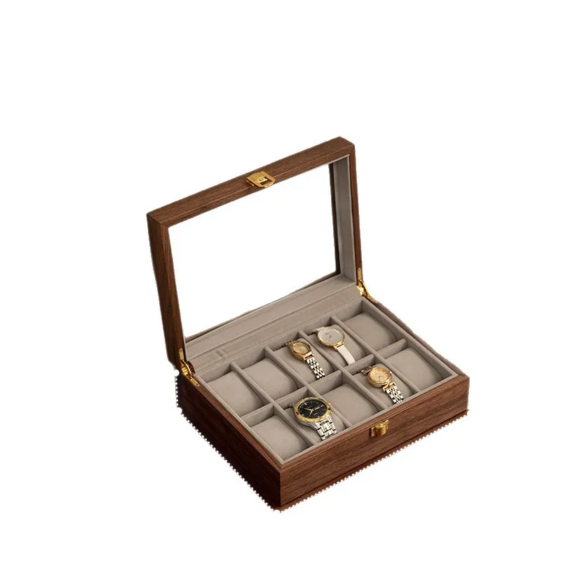 

Watch storage box, light luxury high-end black walnut textured solid wood, transparent flannel grid watch collection box