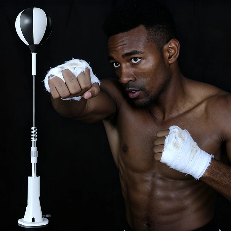Black and White Striped PU Leather Inflatable Standing Boxing Speed Ball - A Professional Fitness Equipment with 360° Rotating