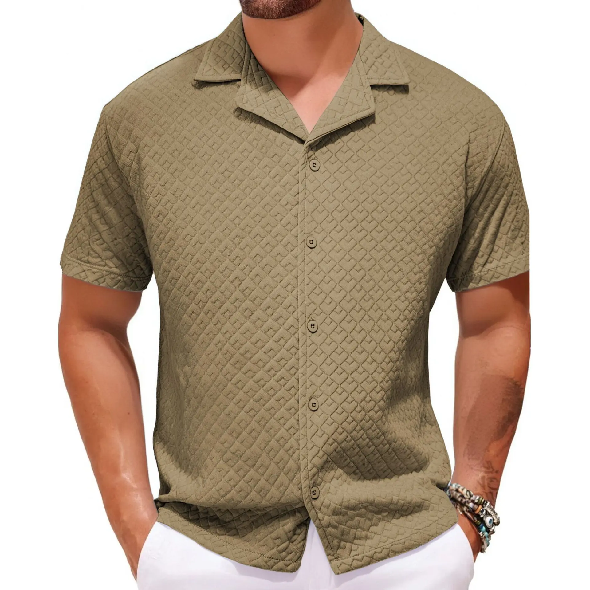 Summer New Men's Casual Short Sleeved Shirt with Cuban Collar Button Down Casual Floral Shirt Streetwear