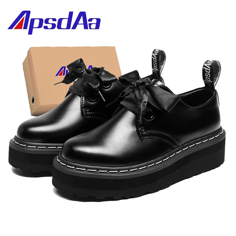 

Роскошные женские туфли из натуральной кожи на толстой подошве в британском стиле, повседневная обувь на платформе с круглым носком и низким берцем с 2 отверстиями и лентой на шнуровке