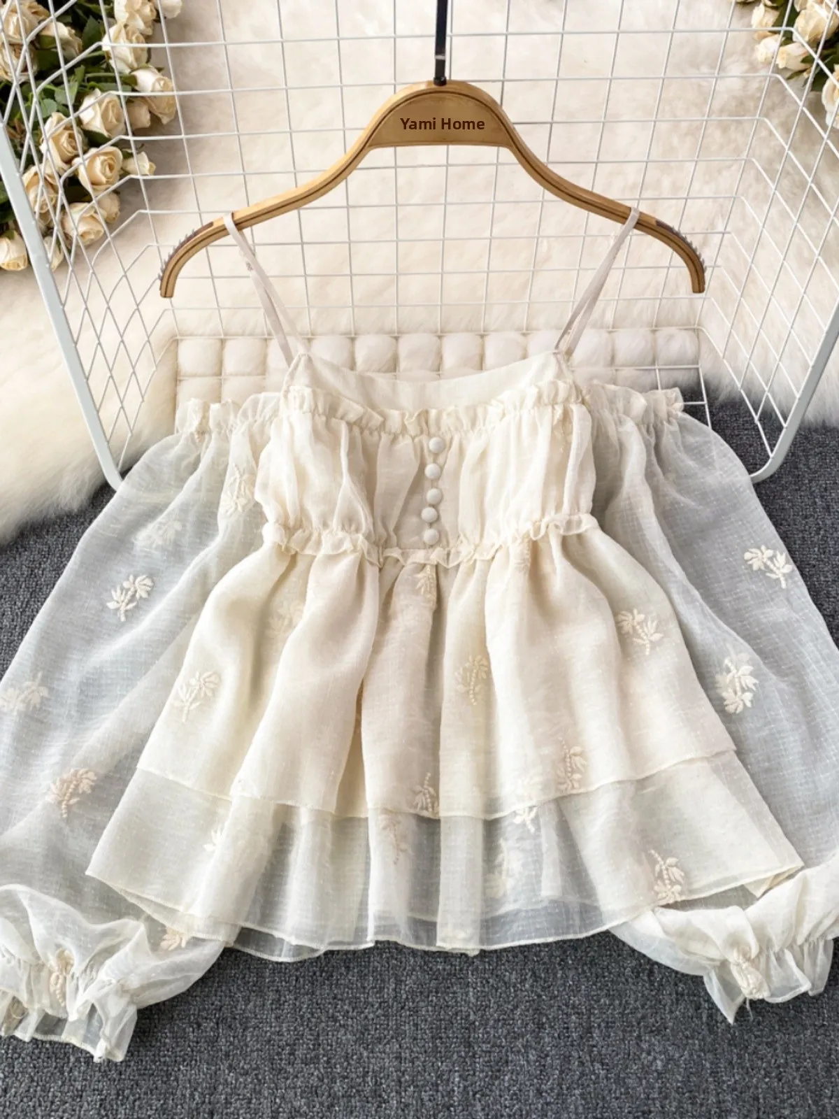 Sweet Lace Shoulder Bubble Sleeve Embroidered Crop Top Women's Casual Shirt Korean Style Loose Fit Long Sleeve Autumn Top