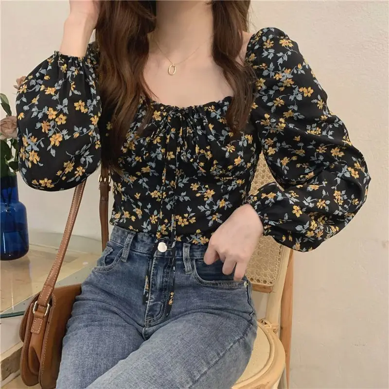 New Bubble Long Sleeve Super Fairy Short Large Size Unique Top Floral Shirt for Women