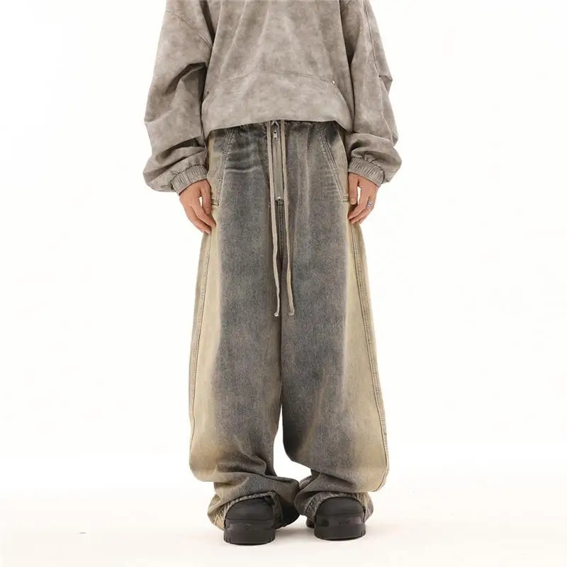 

Мужская рабочая одежда в стиле ретро в американском стиле, джинсы на молнии с талией, свободные широкие брюки-карго длиной до пола