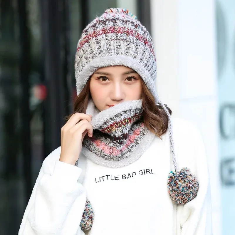 Women's Knitted Hat Scarf Set For Winter Outdoor Keep Warm Thick Female Ladies Beanies And Loop Scarves 2 Pieces Set With Ball