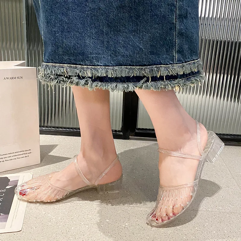 Crystal Clear Transparent Slippers Female Shoes Middle Heels Comfortable New Summer Women Shoes Woman Fashion Slippers