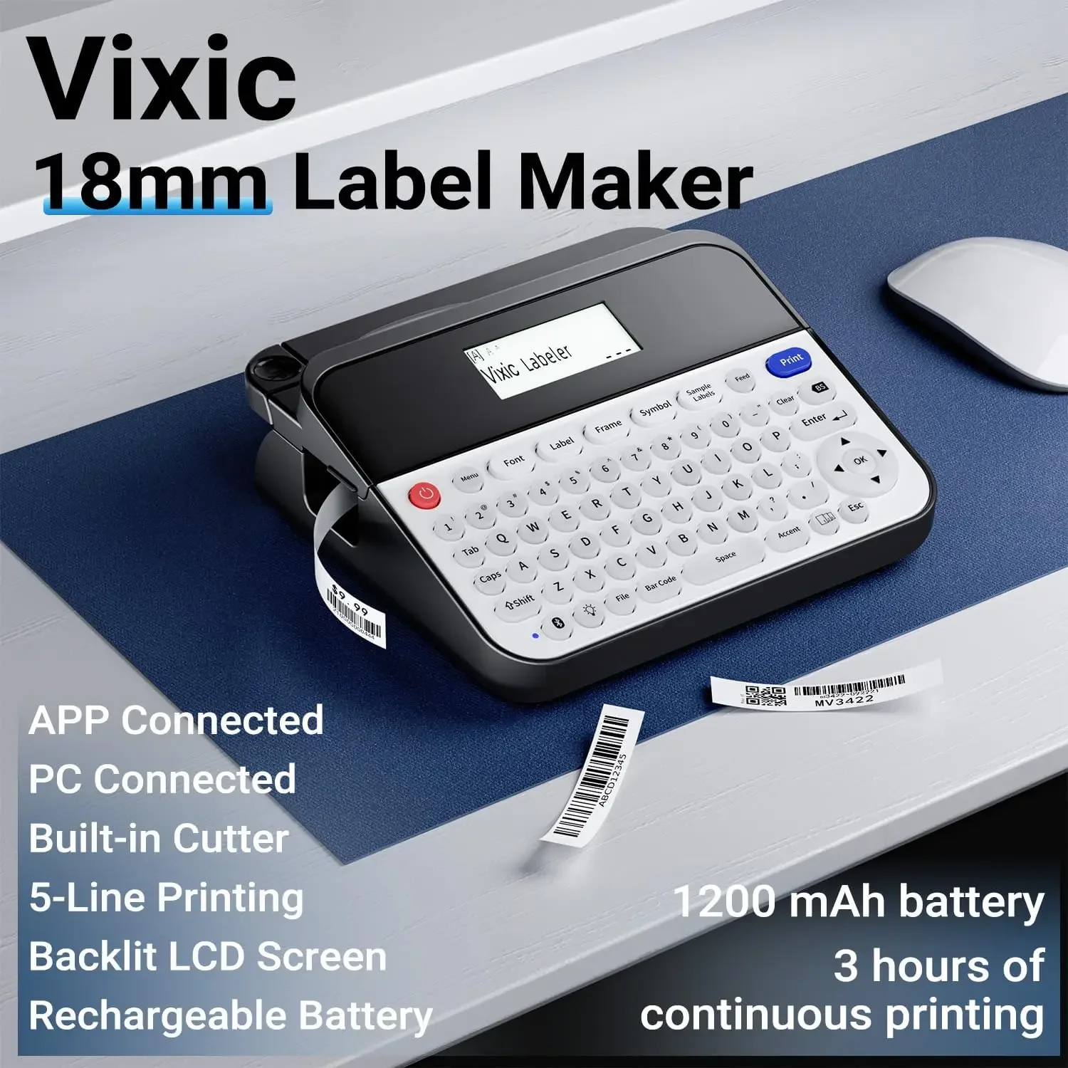 D480BT Keyboard  Label Maker Machine with Tape Connect and Create Bluetooth Rechargeable 18mm Label Maker for Office