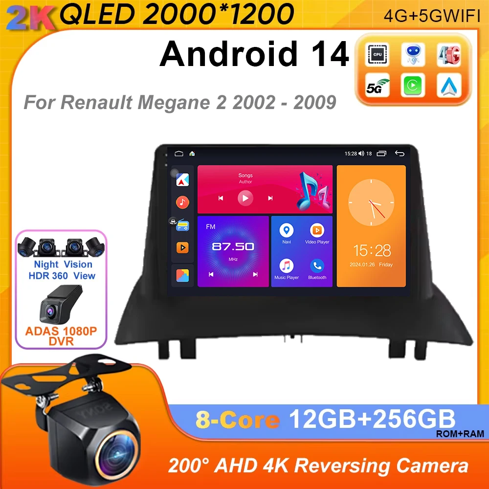 Android 14 Car Radio For Renault Megane 2 2002 - 2009  Multimedia Player Carplay Autoradio Stereo GPS 4G 2 din DVD Head Unit