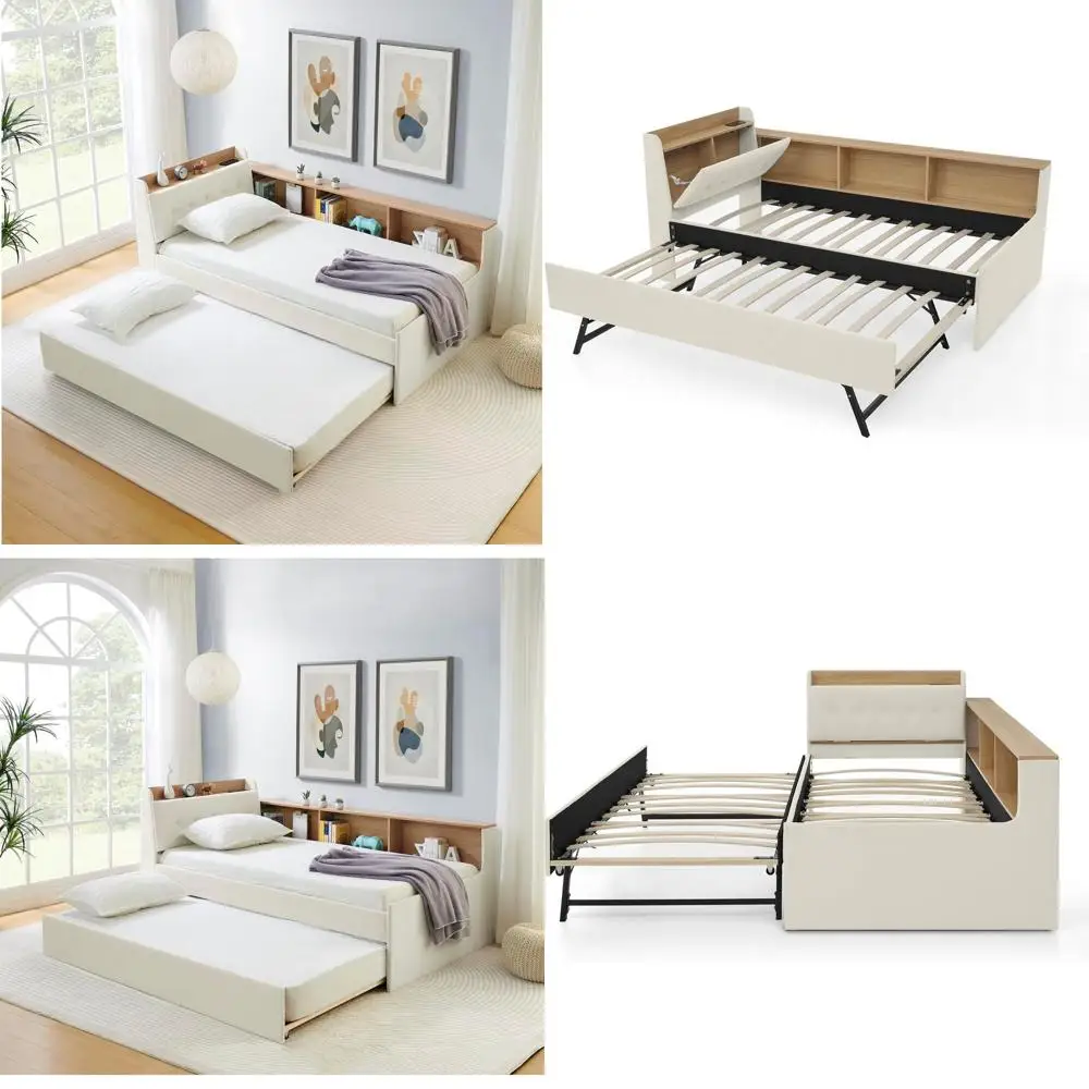 

Бежевая велюровая двуспальная кровать-софа с выдвижным спальным местом, LED-подсветкой и USB-портами, L-образная конструкция для детей и взрослых