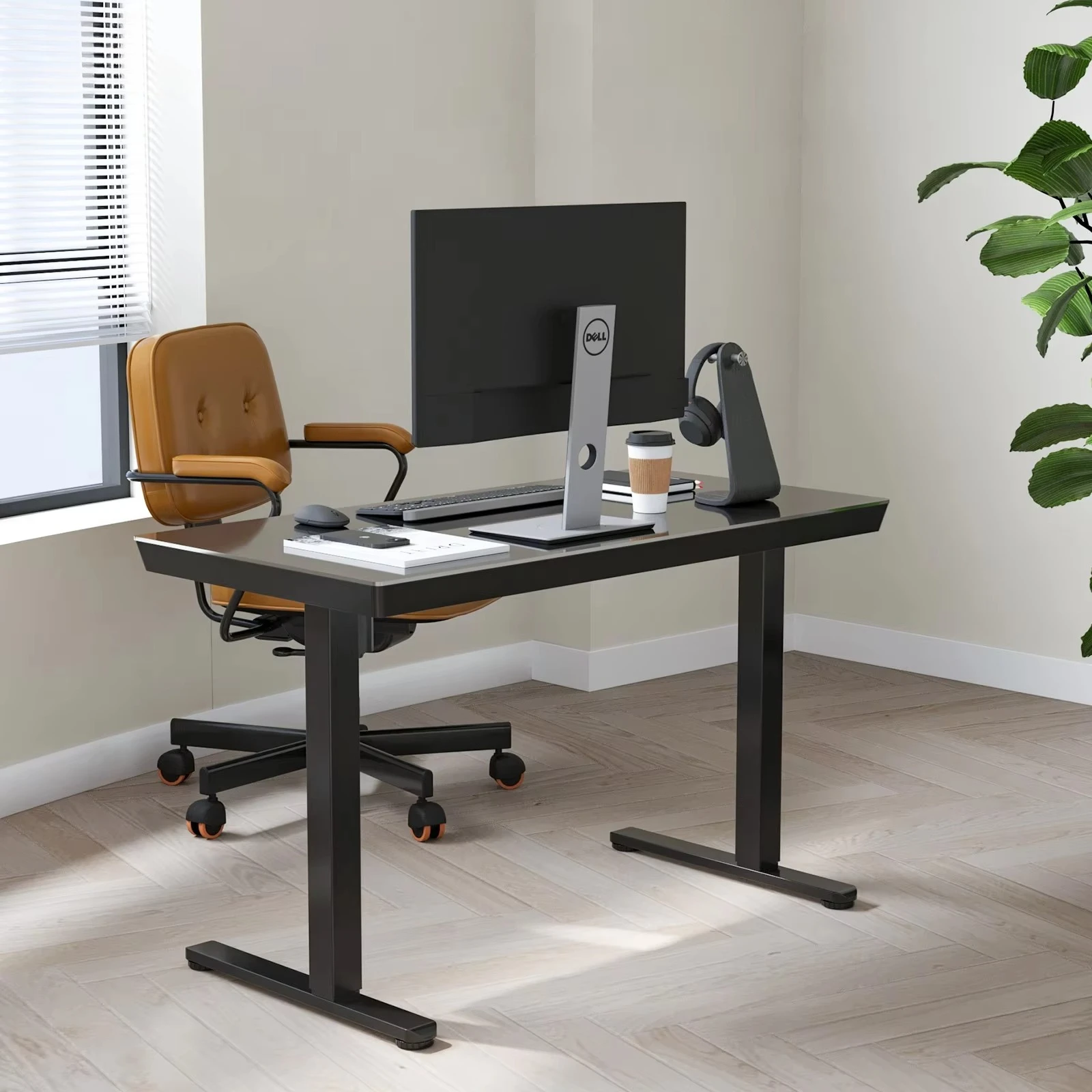 Office Executive Desk Black with Tempered Glass Desktop & Concealed Drawer & Quick Charge Interfaces