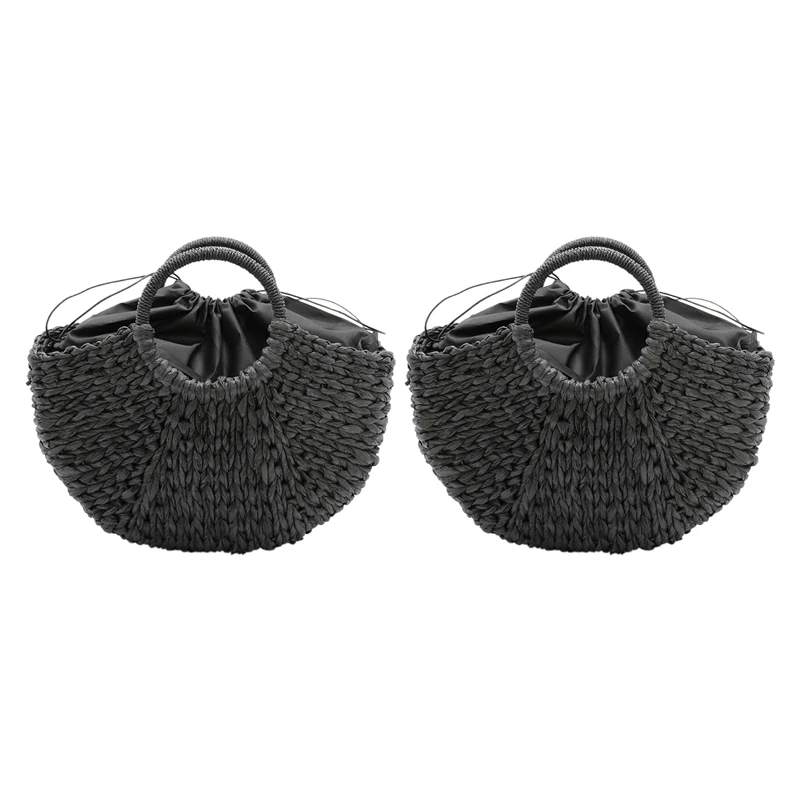 NEW-2X Handmade Beach Bag Round Straw Woven Bag Large Bucket Summer Bag Ladies Natural Shopping Basket Handbag Lined Black