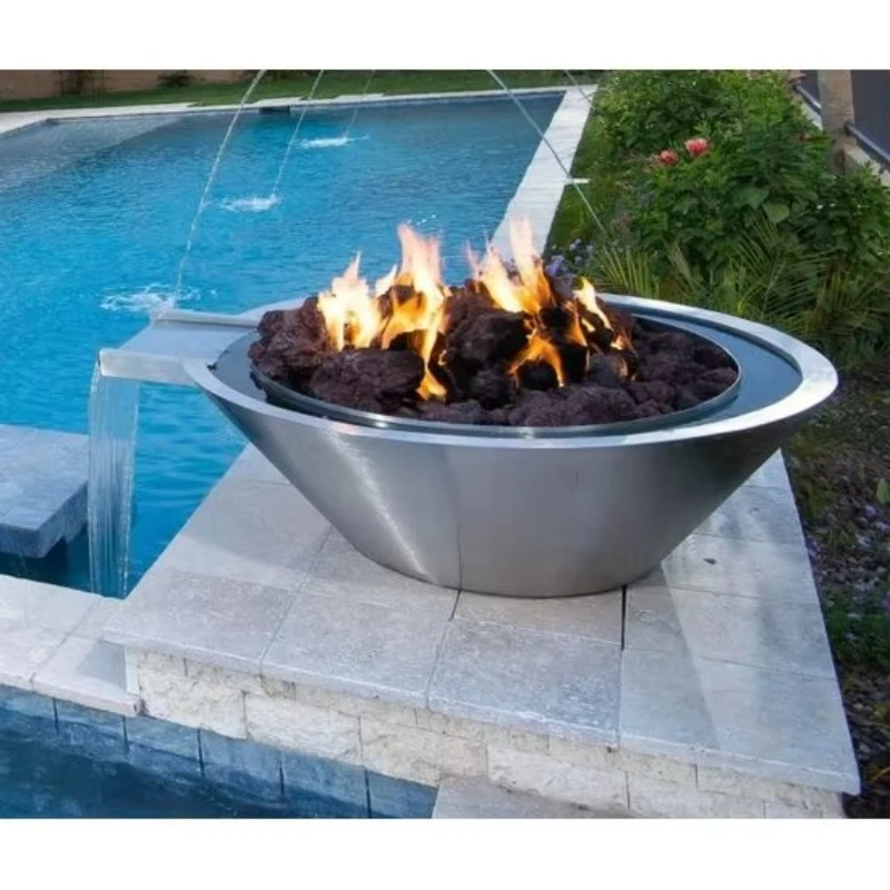 Decorative steel waterfall fire pit heater for swimming pool patio heating