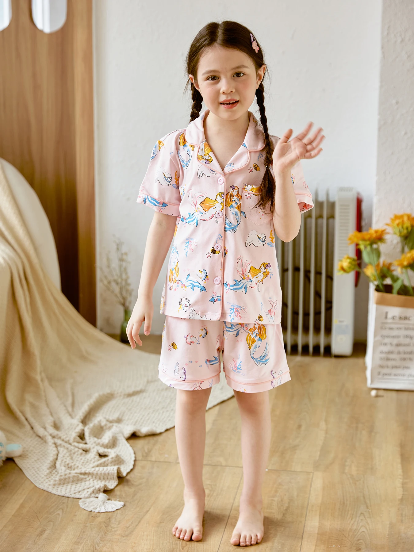 Girls 2-piece Pajama Sets Allover Cartoon Dancing Girl Pattern Lapel Front Buckle Chest Pocket Short Sleeve Top & Matching Short