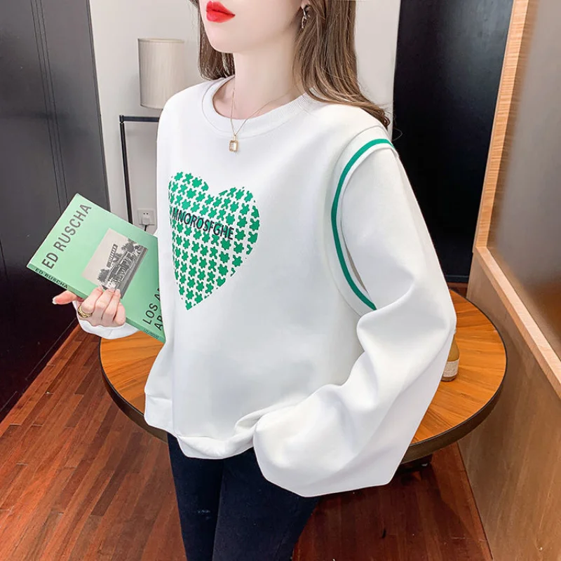 Women\'s Long Sleeve O-Collar Hoodies Fake Two Letter Printing Green Love, Thin, Classic, Long Sleeve, Autumn, Lady Top, Fashion