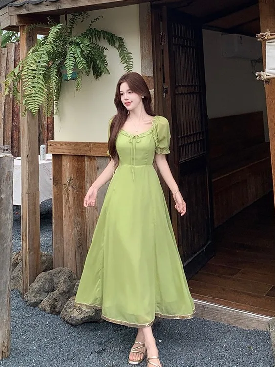 

plus Size Women's Retro Wooden Short Sleeve Dress with Belt Summer New Waist Cinching Belly Covering A-Line Skirt