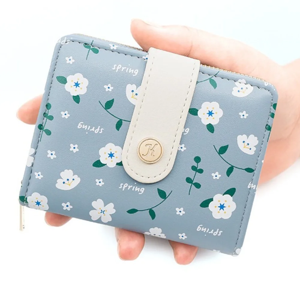 Floral Printed Short Card Bag Korean Style PU Leather Women's Short Purse Multi-functional Multi-card Slot Card Holder Girl