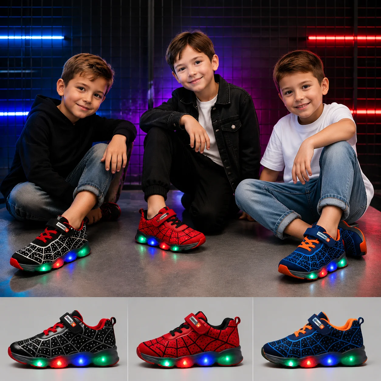 Mgo Kidss New Spring and Autumn Models, Sizes 21-36, Children's Shoes, Kids' Light-Up Shoes, Boys' and Girls' Running Shoes, Baby Flashing Sneakers, Led Light-Up Sports Shoes, Mesh Spider Web Design, Suitable for Child