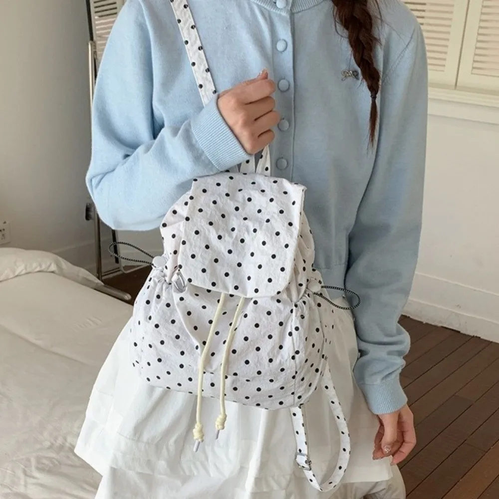 Y2k Multiple Pockets Polka Dot Backpack Cloth Korean Large Capacity Backpack Preppy Drawstring Lace-up Versatile Daypack Travel