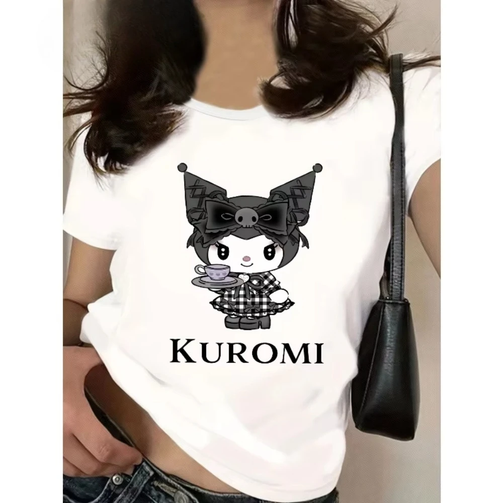 

MINISO Kuromi Women's Casual T-shirt Cute Cartoon Pattern Printed Round Neck Short Sleeve Fashionable Loose Cotton Y2K Top