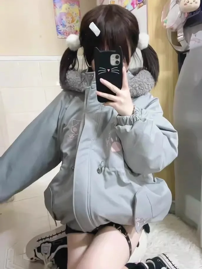 Japanese Girls Kawaii 2D Cute Embroidered Hooded Down Parka Winter New 2025 Subculture Y2K Warm Thickened Short Parka Coat