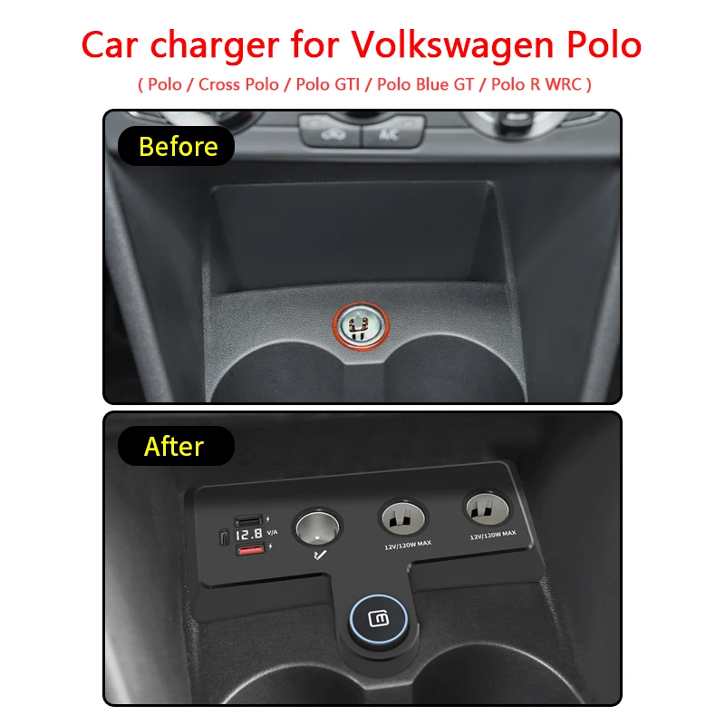 For Volkswagen Polo / Cross Polo / GTI / Blue GT / R WRC Car Charger  Cigarette Lighters USB Fast Charging Cables Power Adapters