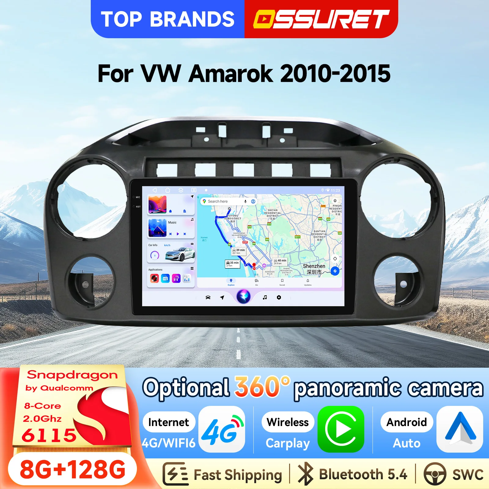 OSSURET Schnelle Lieferung 10,1 Zoll 2 Din Android 15 Autoradio für VW Amarok 2010-2015 mit Qualcomm Snapdragon 6115 Octa Core GPS-Navigation Bluetooth Freisprecheinrichtung SWC Wireless Carplay
