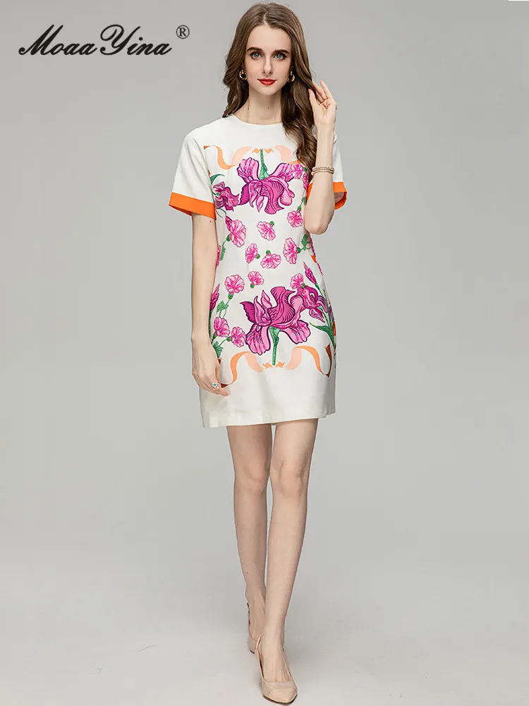 

MoaaYina Fashion Designer Summer Runway Vintage Flower Print Mini Dress For Women's O-Neck Hit Color Short Sleeve Beading Dress