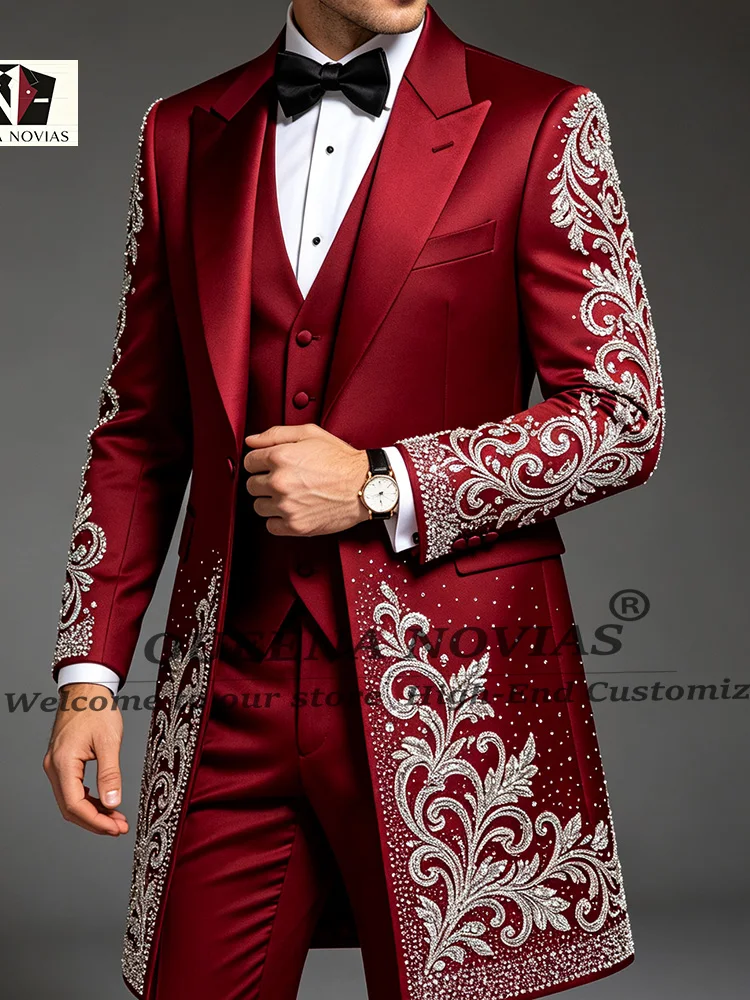 Exclusive Red Suit Men Long Crystals Beading Prom Blazer Customized Single Breasted Groom Wedding Tuxedos 3 Piece Sets Outfits