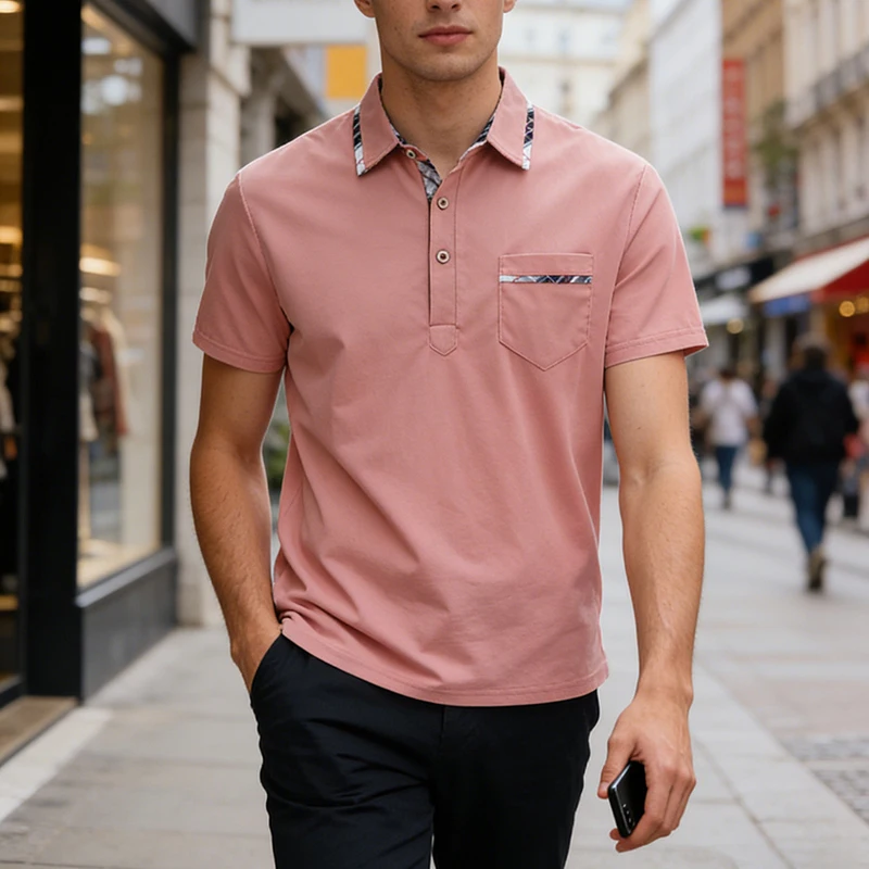 

Men's Plaid Collar Short Sleeve Polo Shirt Button Placket Chest Pocket Casual Breathable Business Golf Daily Wear Tops for Men