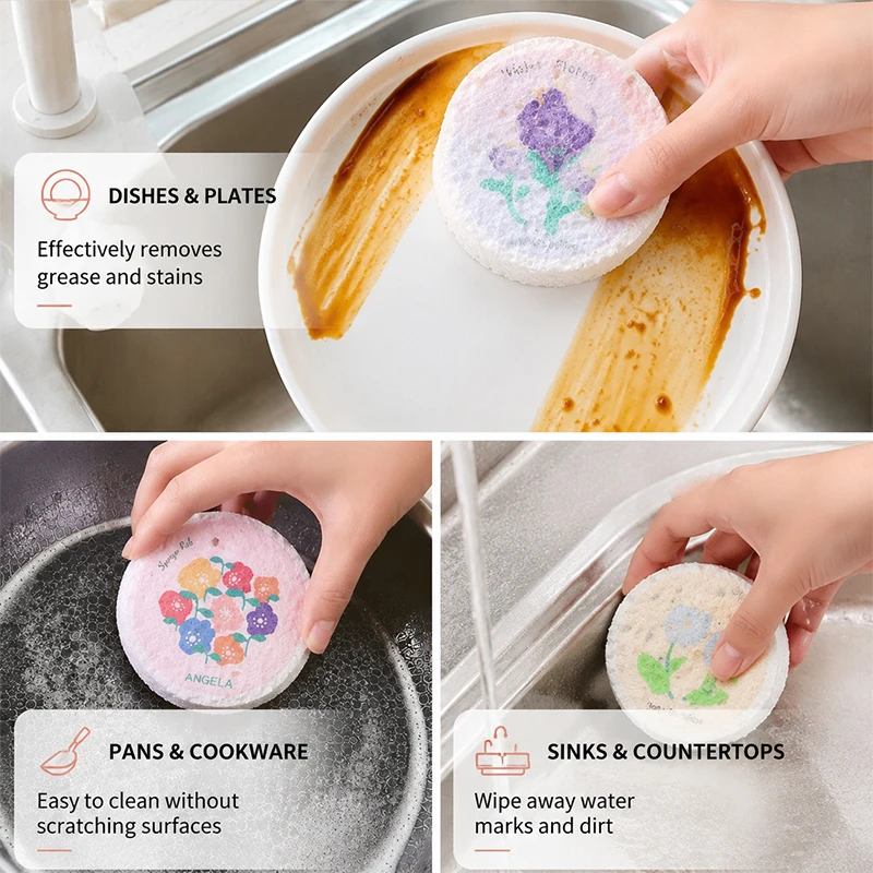 Wood Pulp Cotton Kitchen Sponge Cloth Highly Absorbent Non-Stick Oil Compressed Dishwashing Scrubber Cleaning Wipe