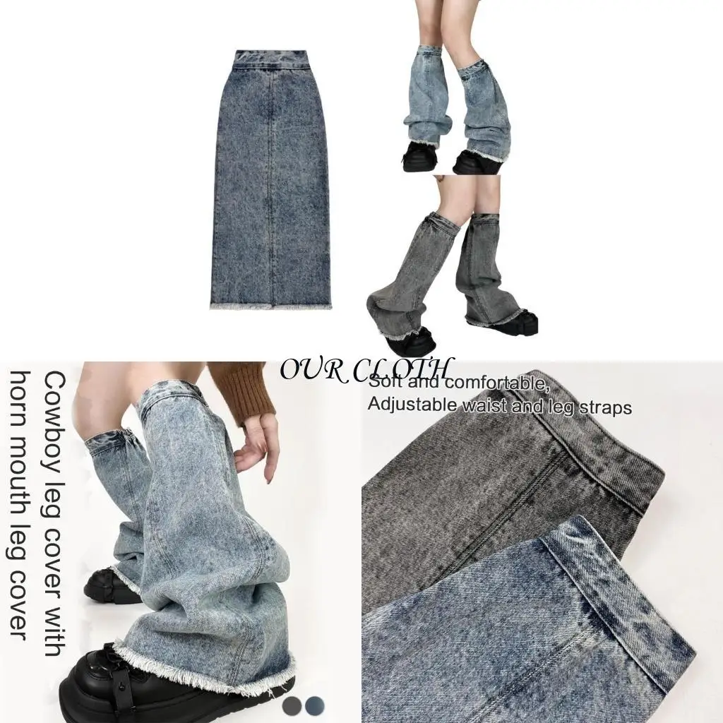 

Distressed Trim Jeans Leg Sleeves with Elastic Cuffs for Women Harajuku Punk Washed Denims Leg Warmer Flared Long Socks Y1AC