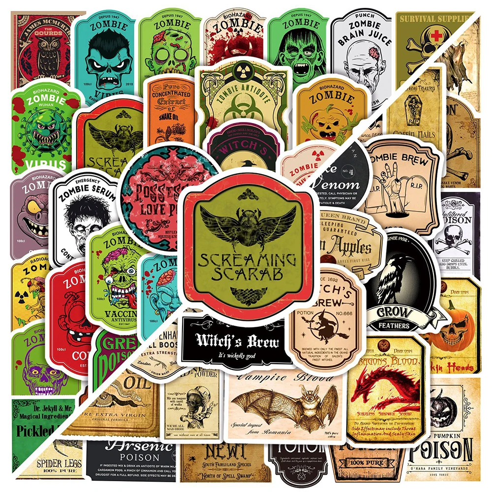

10/30/50/100pcs Retro Halloween Zombie Potion Label Stickers Horror Gothic Graffiti Decals DIY Motorcycle Phone Laptop Sticker