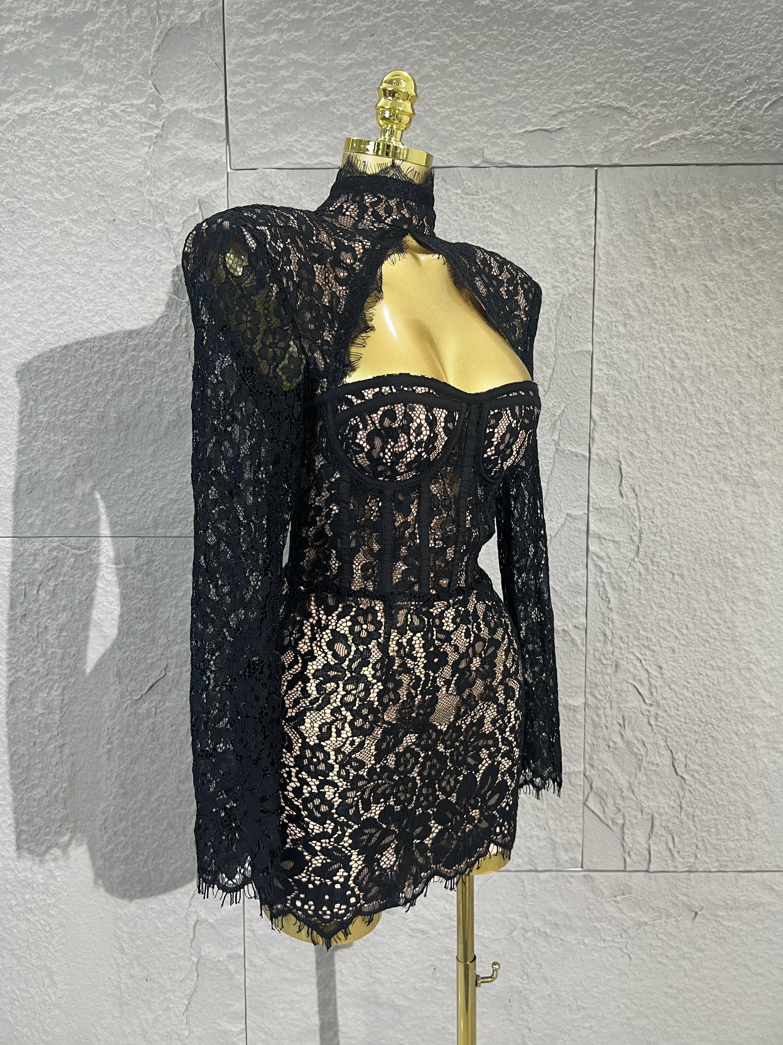 Women Black Lace Mini Dress Long SleeveHigh Neck Hollow Out Bodycon Corset DressNightclub Birthday Party Short Evening Gown