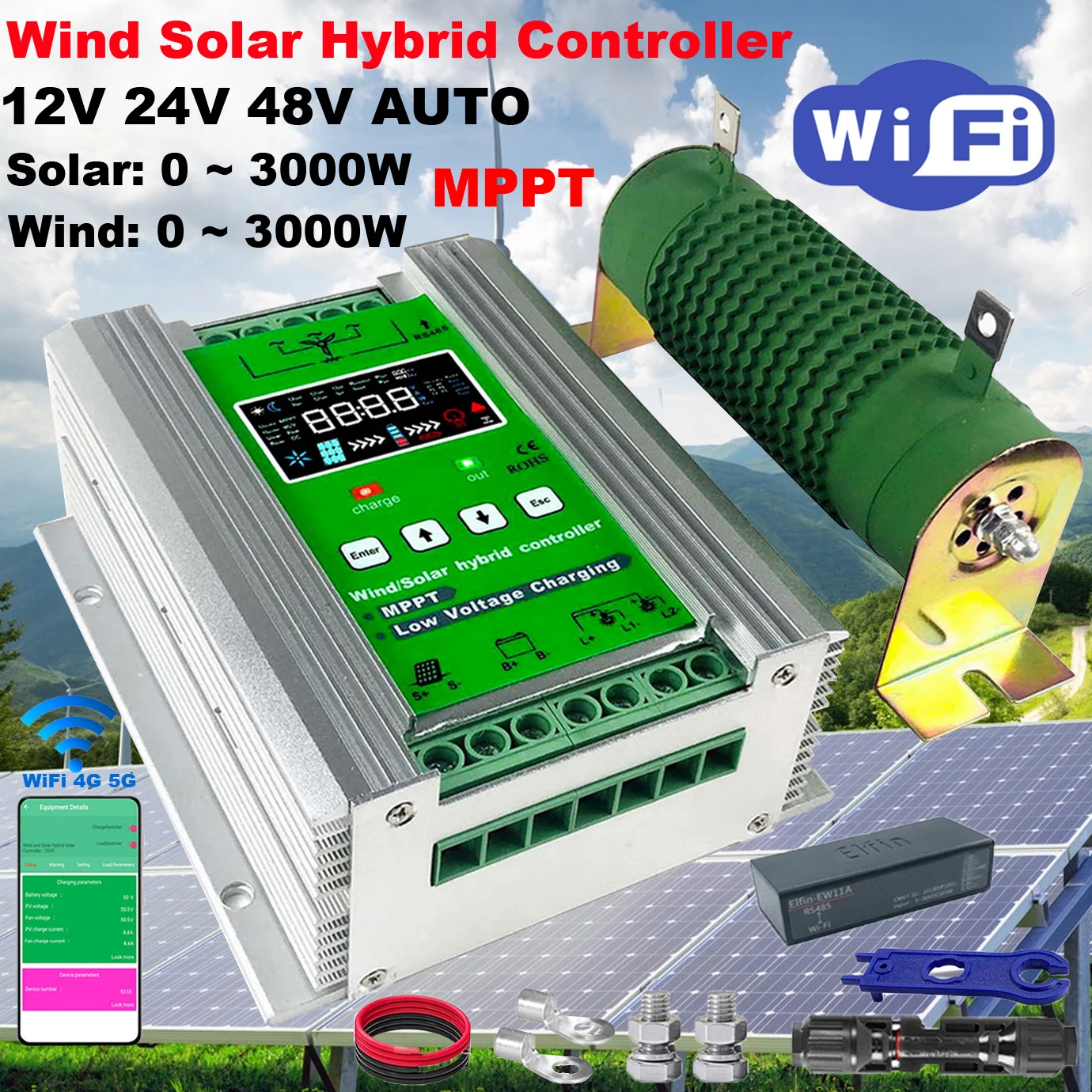 12V 24V 48V 1000W 1500W Wifi Wind Solar Hybrid Charge Controller MPPT Charge Solar Panel Wind Turbine Lithium Lead Acid Battery