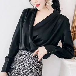 Temperament Irregular V Neck Shirt Tops Spring Autumn New Chiffon Long Sleeve Solid Korean Blouse Elegant Fashion Women Clothing