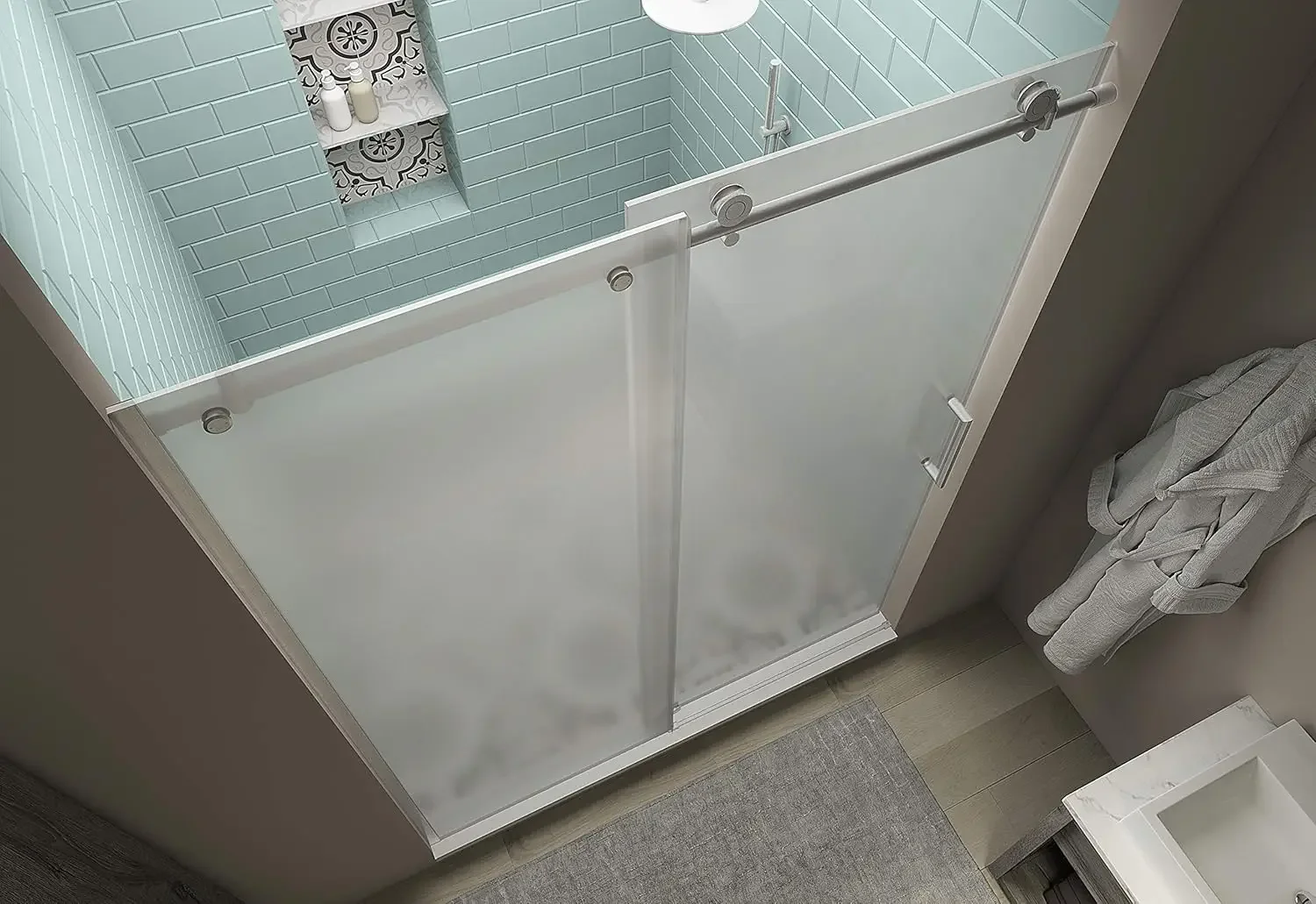 Coraline XL Shower Door, Brushed Stainless Steel, Ultra-Bright Frosted