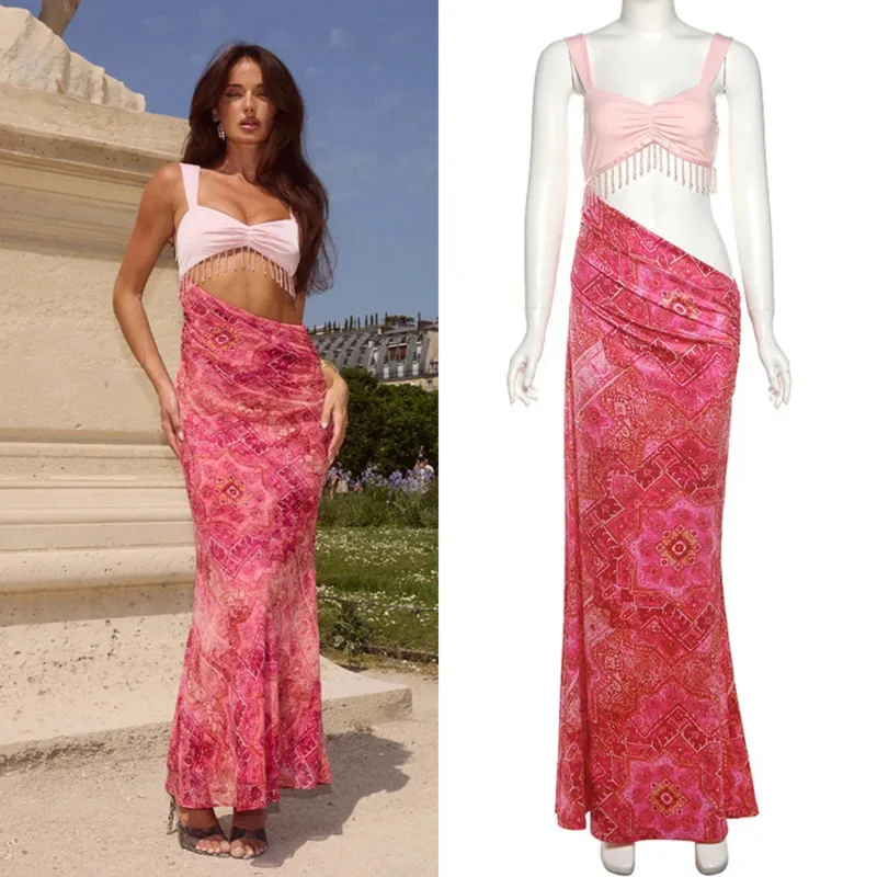 

Y2K Sexy Women’s Dress Sleeveless Hollow Out Tassel Design Side Ruched Backless Long Bodycon Dress For Summer Clubwear Vestidos