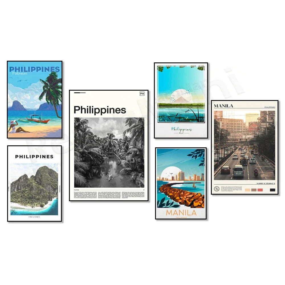 Impresiones de Filipinas, Palawan, Boracay, Manila, Bohol Santa Monica, Póster de viaje con arte de pared de las islas filipinas, Póster costero
